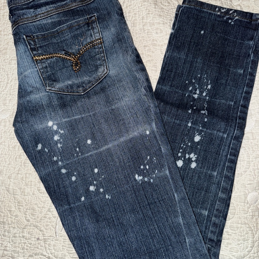 Blue Straight Leg Jeans with Distressed Details